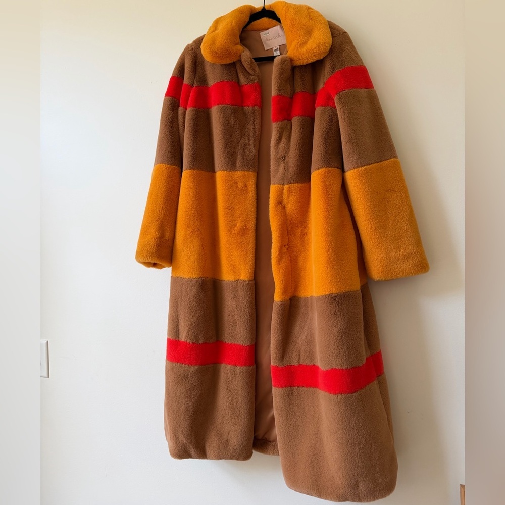 Hutch Long Faux Fur Coat 70s Retro Style Maximalist Colorblock Statement Coat - Picture 2 of 9